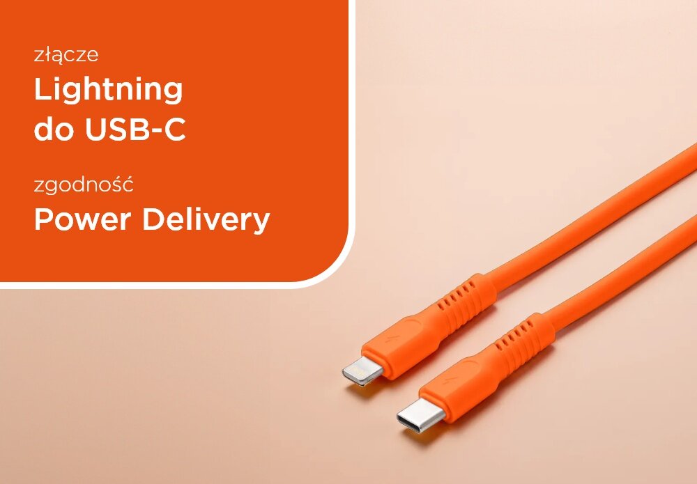 KABEL USB-C - Lightning COLORUM CK12-CL-10 1.8 M Pomarańczowy wizualizacja pole tekstowe kabel końcówki Aksamitny i ekstra trwały bezpieczeństwo matowa aksamitna powłoka Zapobiega plątaniu Wzmocnione konektory długość 1,8 m