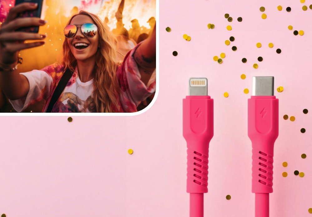 KABEL USB-C do Lightning COLORUM CK12-CL-02 1.8 M RÓŻOWY wizualizacja kobieta w okularach impreza końcówki kabel Duet mody i technologii robi wrażenie barwy kolory moc look wygląd styl