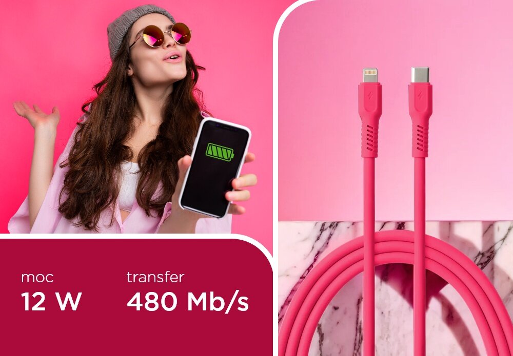 KABEL USB-C do Lightning COLORUM CK12-CL-02 1.8 M RÓŻOWY wizualizacja kobieta smartfon w dłoni kabel końcówki tekst Szybkie ładowanie transfer danych 480 Mb/s ładowanie z mocą nawet 60 W