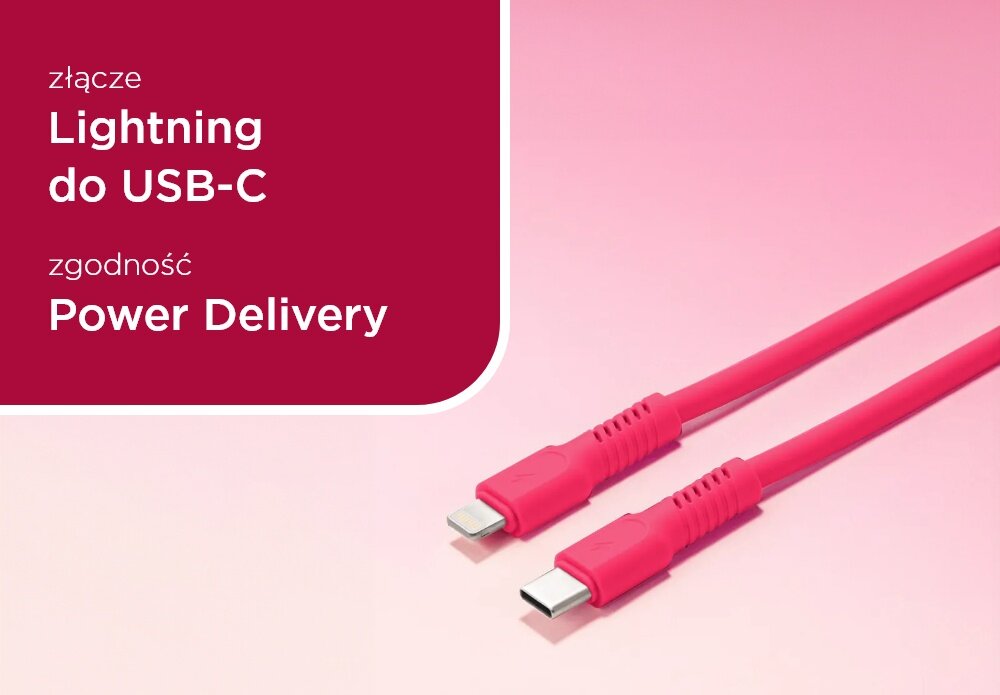 KABEL USB-C do Lightning COLORUM CK12-CL-02 1.8 M RÓŻOWY wizualizacja pole tekstowe kabel końcówki Aksamitny i ekstra trwały bezpieczeństwo matowa aksamitna powłoka Zapobiega plątaniu Wzmocnione konektory długość 1,8 m