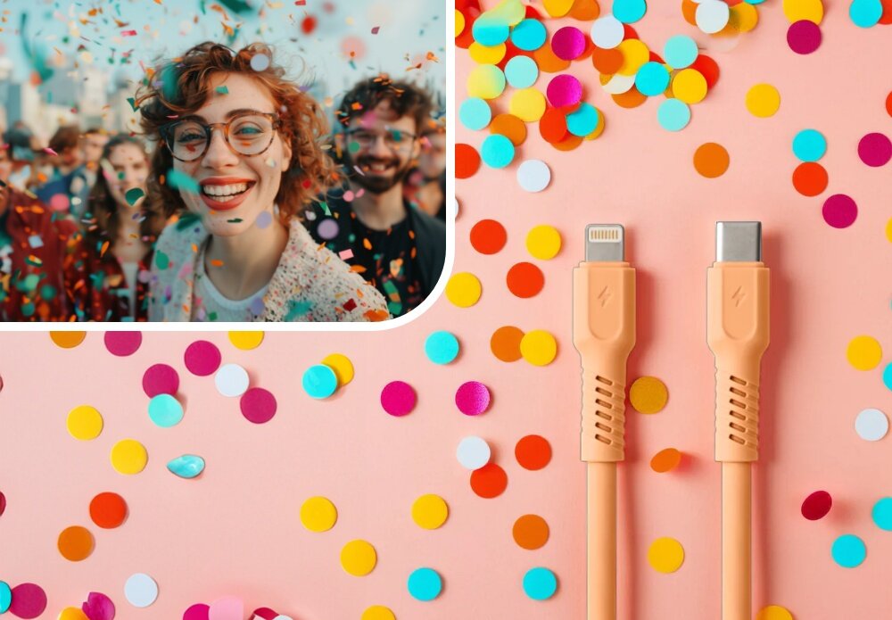 KABEL USB-C - Lightning COLORUM CK12-CL-14 1.8 M Peach Fuzz wizualizacja kobieta w okularach impreza końcówki kabel Duet mody i technologii robi wrażenie barwy kolory moc look wygląd styl