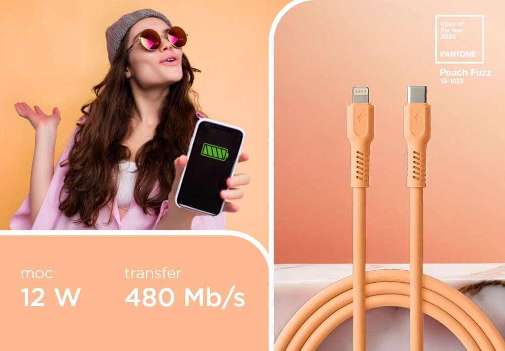 KABEL USB-C - Lightning COLORUM CK12-CL-14 1.8 M Peach Fuzz wizualizacja kobieta smartfon w dłoni kabel końcówki tekst Szybkie ładowanie transfer danych 480 Mb/s ładowanie z mocą nawet 60 W