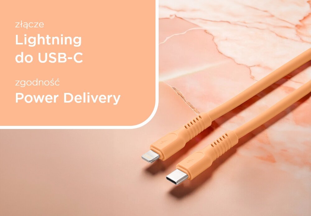 KABEL USB-C - Lightning COLORUM CK12-CL-14 1.8 M Peach Fuzz wizualizacja pole tekstowe kabel końcówki Aksamitny i ekstra trwały bezpieczeństwo matowa aksamitna powłoka Zapobiega plątaniu Wzmocnione konektory długość 1,8 m