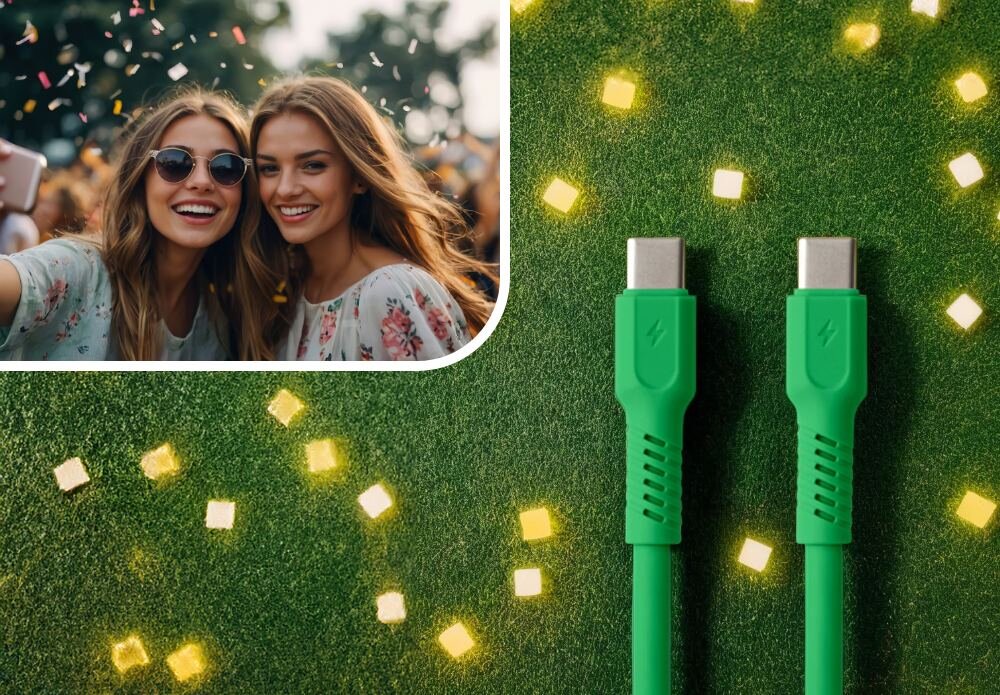 KABEL USB-C - USB-C COLORUM CK60-CC-04 1.8 M Zielony wizualizacja kobieta w okularach impreza końcówki kabel Duet mody i technologii robi wrażenie barwy kolory moc look wygląd styl