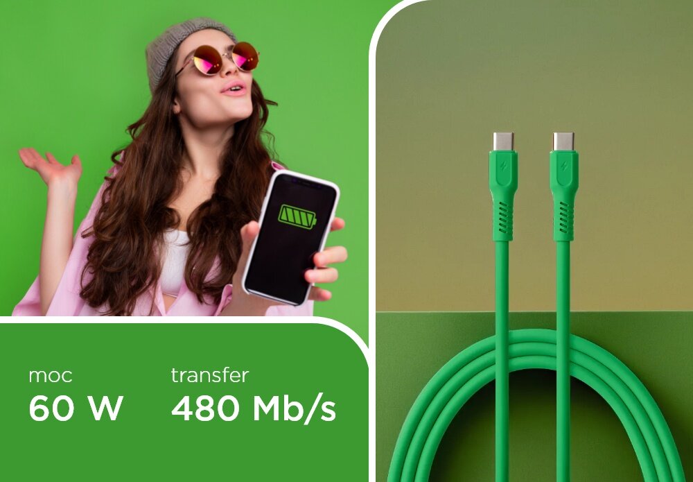 KABEL USB-C - USB-C COLORUM CK60-CC-04 1.8 M Zielony wizualizacja kobieta smartfon w dłoni kabel końcówki tekst Szybkie ładowanie transfer danych 480 Mb/s ładowanie z mocą nawet 12 W