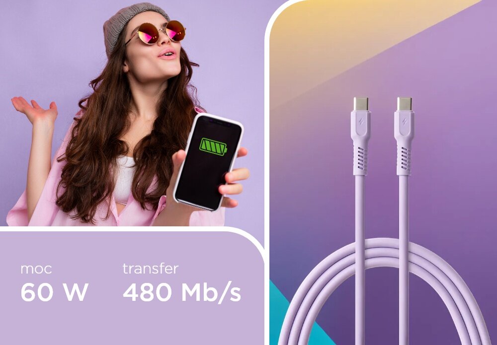 KABEL USB-C - USB-C COLORUM CK60-CC-09 1.8 M Digital Lawendowy wizualizacja kobieta smartfon w dłoni kabel końcówki tekst Szybkie ładowanie transfer danych 480 Mb/s ładowanie z mocą nawet 60 W