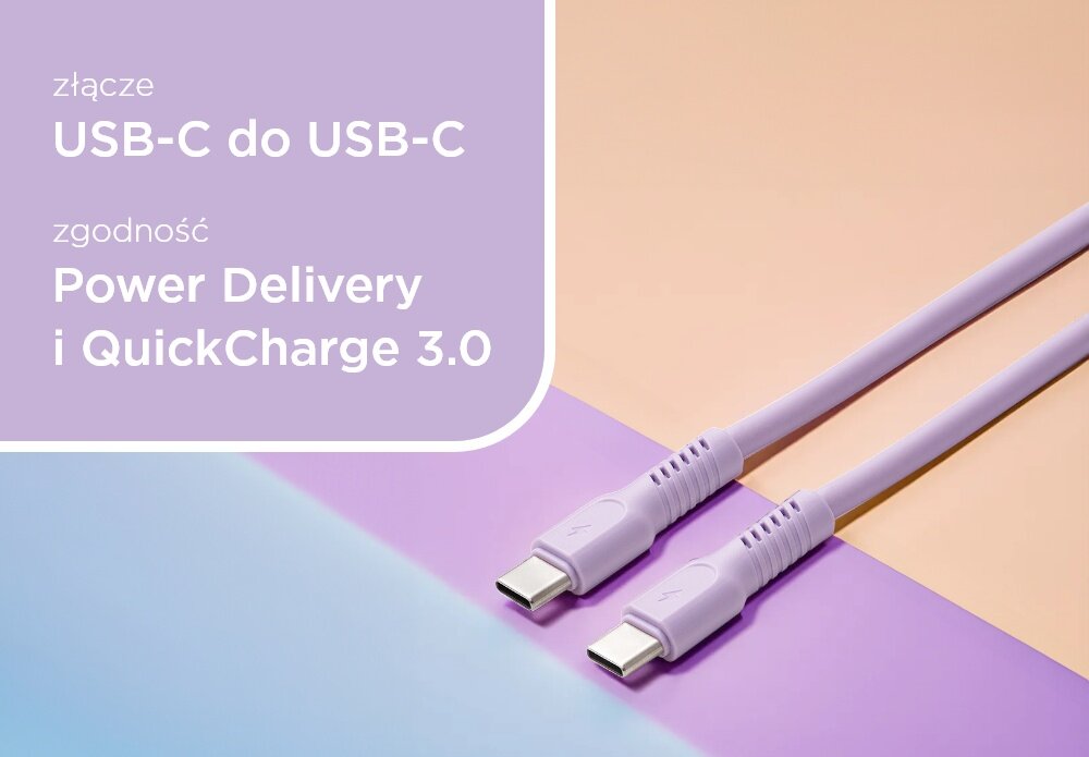 KABEL USB-C - USB-C COLORUM CK60-CC-09 1.8 M Digital Lawendowy wizualizacja pole tekstowe kabel końcówki Aksamitny i ekstra trwały bezpieczeństwo matowa aksamitna powłoka Zapobiega plątaniu Wzmocnione konektory długość 1,8 m