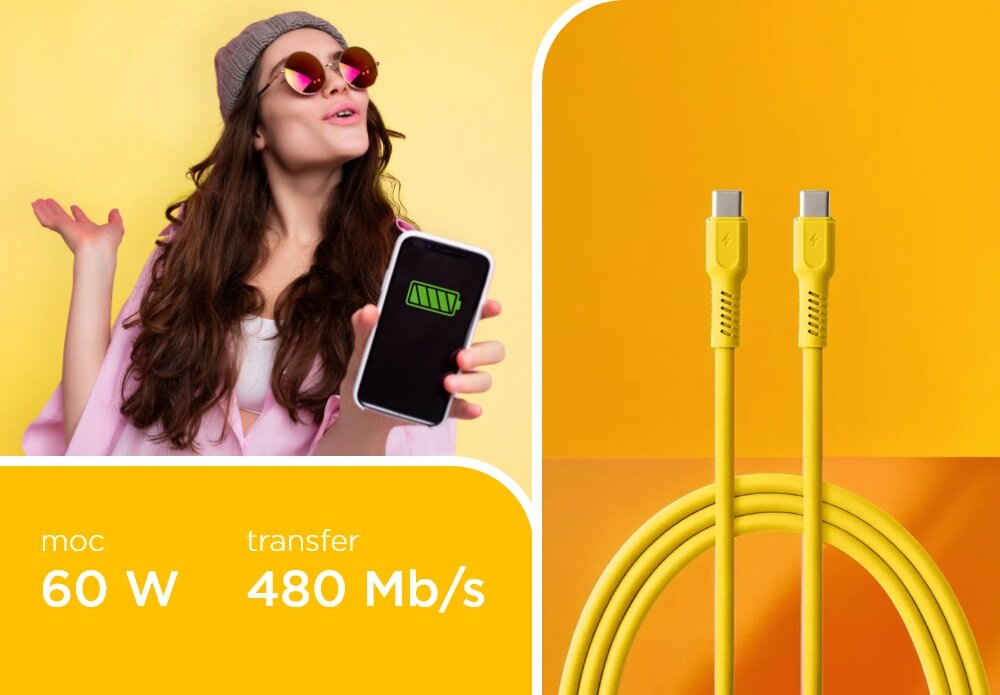 Kabel USB-C - USB-C COLORUM CK60-CC-05 1.8 M Żółty wizualizacja kobieta smartfon w dłoni kabel końcówki tekst Szybkie ładowanie transfer danych 480 Mb/s ładowanie z mocą nawet 60 W
