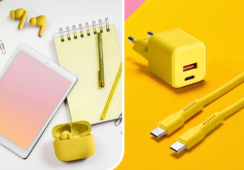 Kabel USB-C - USB-C COLORUM CK60-CC-05 1.8 M Żółty wizualizacja Kompatybilność i bezpieczeństwo notatnik notes kabel słuchawki ładowarka kabel wejścia dobieranie napięcia