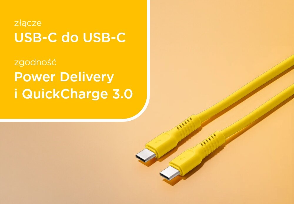Kabel USB-C - USB-C COLORUM CK60-CC-05 1.8 M Żółty wizualizacja pole tekstowe kabel końcówki Aksamitny i ekstra trwały bezpieczeństwo matowa aksamitna powłoka Zapobiega plątaniu Wzmocnione konektory długość 1,8 m