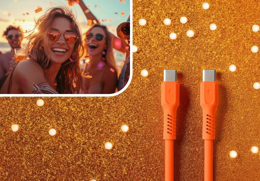 KABEL USB-C - USB-C COLORUM CK60-CC-10 1.8 M Pomarańczowy wizualizacja kobieta w okularach impreza końcówki kabel Duet mody i technologii robi wrażenie barwy kolory moc look wygląd styl
