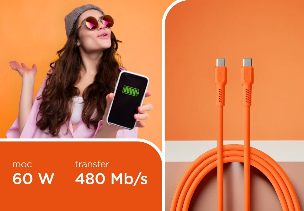 KABEL USB-C - USB-C COLORUM CK60-CC-10 1.8 M Pomarańczowy wizualizacja kobieta smartfon w dłoni kabel końcówki tekst Szybkie ładowanie transfer danych 480 Mb/s ładowanie z mocą nawet 60 W