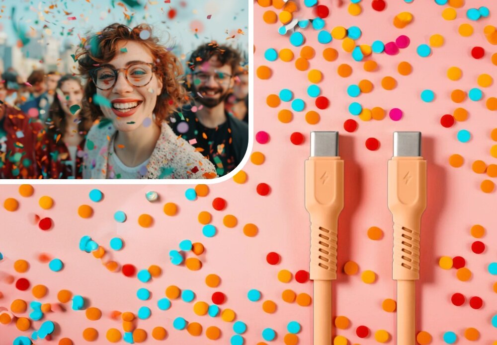 KABEL USB-C COLORUM CK60-CC-14 1.8 M Peach Fuzz wizualizacja kobieta w okularach impreza końcówki kabel Duet mody i technologii robi wrażenie barwy kolory moc look wygląd styl