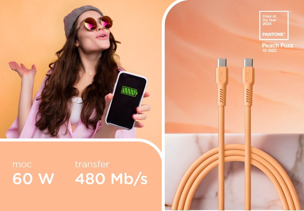 KABEL USB-C COLORUM CK60-CC-14 1.8 M Peach Fuzz wizualizacja kobieta smartfon w dłoni kabel końcówki tekst Szybkie ładowanie transfer danych 480 Mb/s ładowanie z mocą nawet 60 W