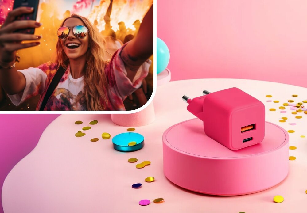 Ładowarka sieciowa COLORUM CLS30-AC-02 30W Różowy lifestyle wizualizacja kobieta w okularach impreza ładowarka na stopniu kolorowa energia Duet mody i technologii