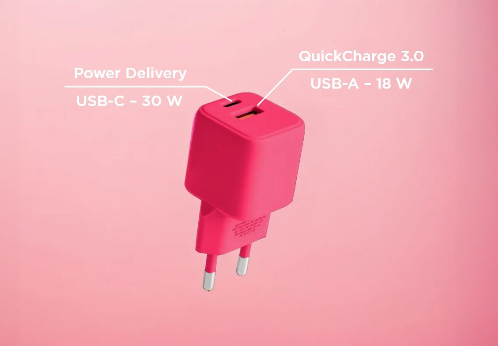 Ładowarka sieciowa COLORUM CLS30-AC-02 30W Różowy lifestyle wizualizacja opis wejść wtyczka Szybkie ładowanie szereg zabezpieczeń Power Delivery QuickCharge