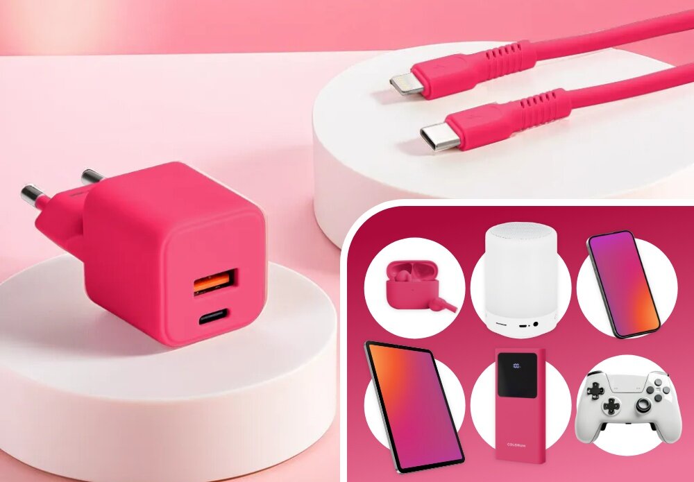 Ładowarka sieciowa COLORUM CLS30-AC-02 30W Różowy lifestyle urządzenia wybór pad konsola tablet lampka telefon wejście wizualizacja Dwa wejścia do ładowania Dwa porty – USB-A i USB-C