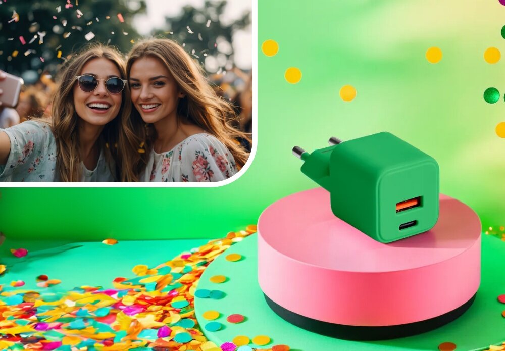 Ładowarka sieciowa COLORUM CLS30-AC-04 30W Zielony lifestyle wizualizacja kobieta w okularach impreza ładowarka na stopniu kolorowa energia Duet mody i technologii