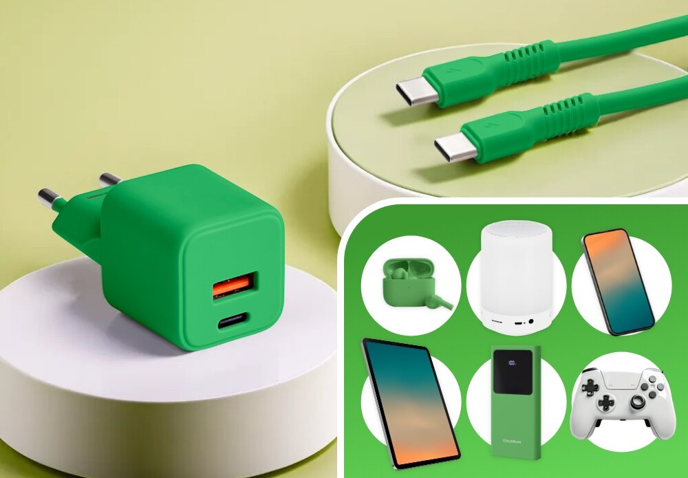 Ładowarka sieciowa COLORUM CLS30-AC-04 30W Zielony lifestyle urządzenia wybór pad konsola tablet lampka telefon wejście wizualizacja Dwa wejścia do ładowania Dwa porty – USB-A i USB-C