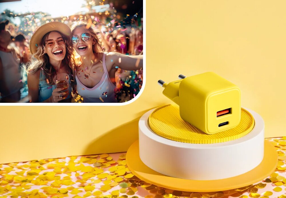 Ładowarka sieciowa COLORUM CLS30-AC-05 30W Żółty lifestyle wizualizacja kobieta w okularach impreza ładowarka na stopniu kolorowa energia Duet mody i technologii