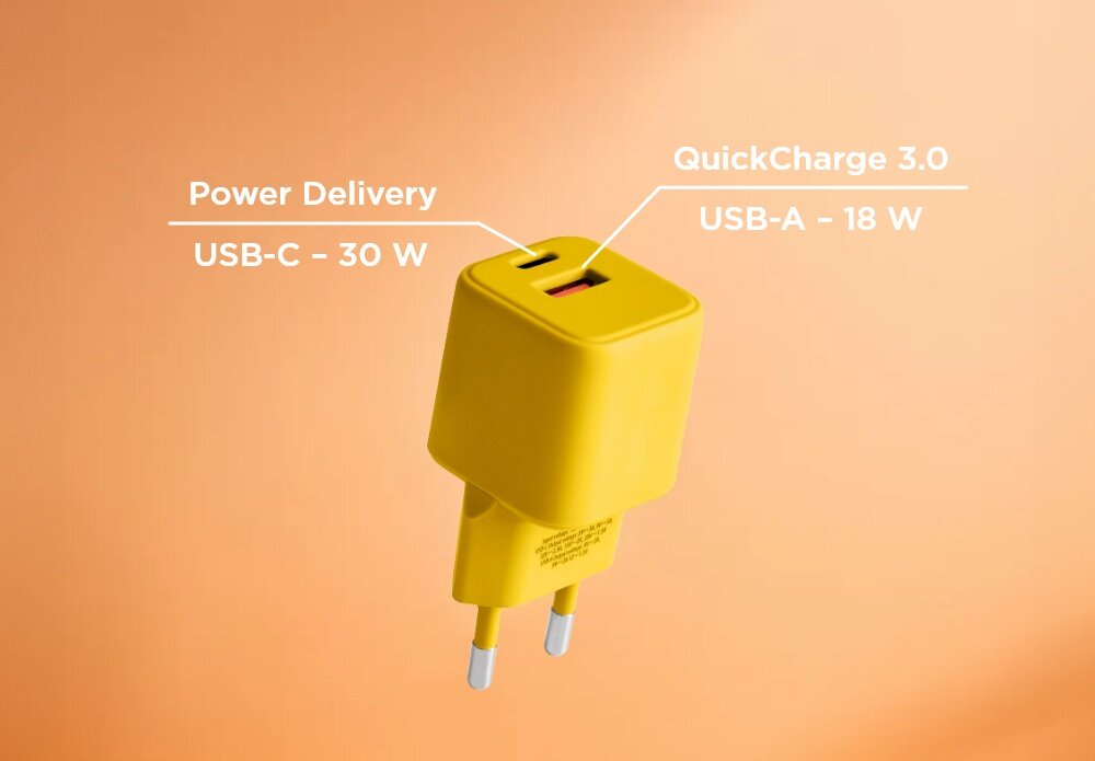 Ładowarka sieciowa COLORUM CLS30-AC-05 30W Żółty lifestyle wizualizacja opis wejść wtyczka Szybkie ładowanie szereg zabezpieczeń Power Delivery QuickCharge