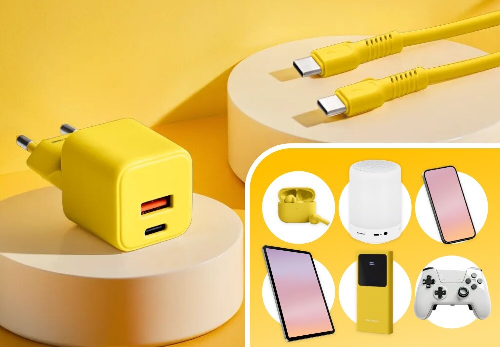 Ładowarka sieciowa COLORUM CLS30-AC-05 30W Żółty lifestyle urządzenia wybór pad konsola tablet lampka telefon wejście wizualizacja Dwa wejścia do ładowania Dwa porty – USB-A i USB-C