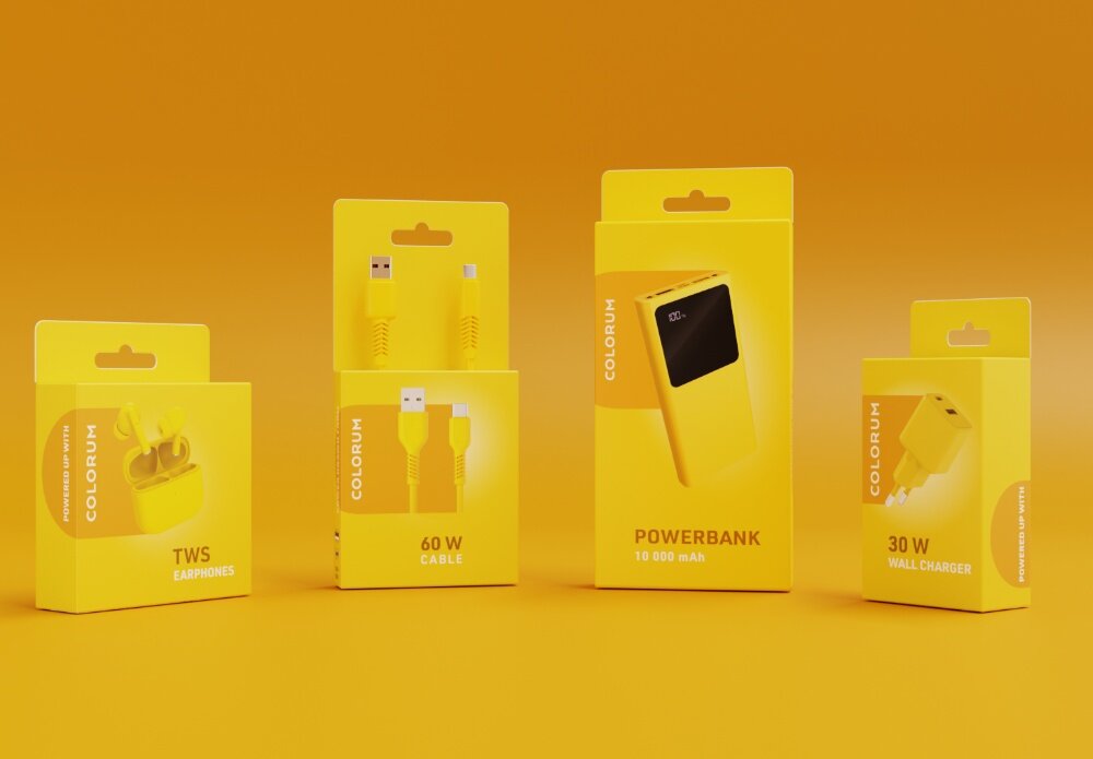 Ładowarka sieciowa COLORUM CLS30-AC-05 30W wiele urządzeń kolor Magenta seria opakowania Żółty lifestyle wizualizacja żywy kolor kreatywna ekspresja