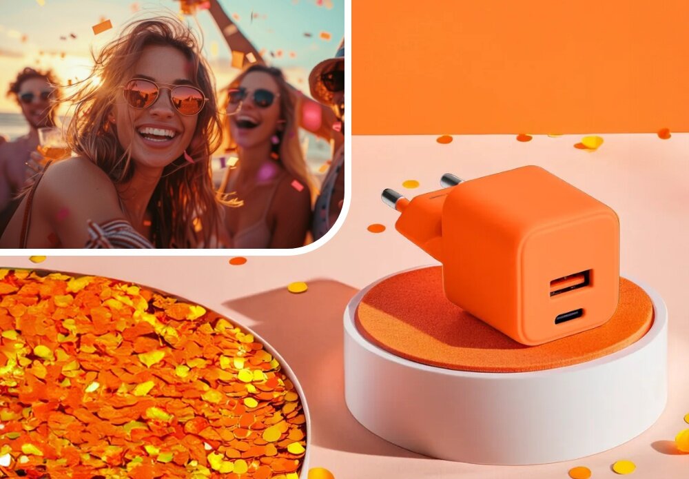 Ładowarka sieciowa COLORUM CLS30-AC-10 30W Pomarańczowy lifestyle wizualizacja kobieta w okularach impreza ładowarka na stopniu kolorowa energia Duet mody i technologii