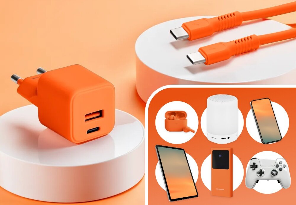 Ładowarka sieciowa COLORUM CLS30-AC-10 30W Pomarańczowy lifestyle urządzenia wybór pad konsola tablet lampka telefon wejście wizualizacja Dwa wejścia do ładowania Dwa porty – USB-A i USB-C