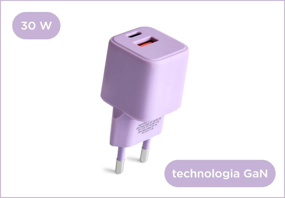 Ładowarka sieciowa COLORUM CLS30-AC-09 30W Lawendowy lifestyle wizualizacja napisy technologia bok wejścia Kolorowa rewolucja Kompaktowa wyrazista niezawodna styl funkcjonalność