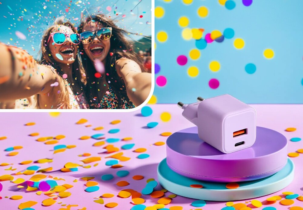 Ładowarka sieciowa COLORUM CLS30-AC-09 30W Lawendowy lifestyle wizualizacja kobieta w okularach impreza ładowarka na stopniu kolorowa energia Duet mody i technologii