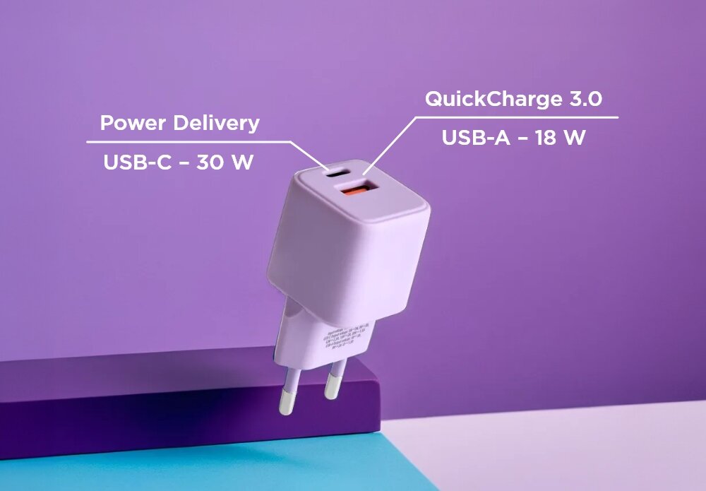 Ładowarka sieciowa COLORUM CLS30-AC-09 30W Lawendowy lifestyle wizualizacja opis wejść wtyczka Szybkie ładowanie szereg zabezpieczeń Power Delivery QuickCharge