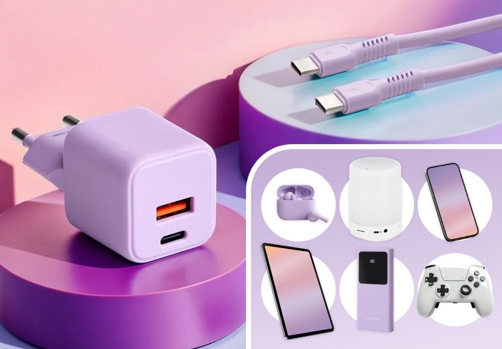 Ładowarka sieciowa COLORUM CLS30-AC-09 30W Lawendowy lifestyle urządzenia wybór pad konsola tablet lampka telefon wejście wizualizacja Dwa wejścia do ładowania Dwa porty – USB-A i USB-C