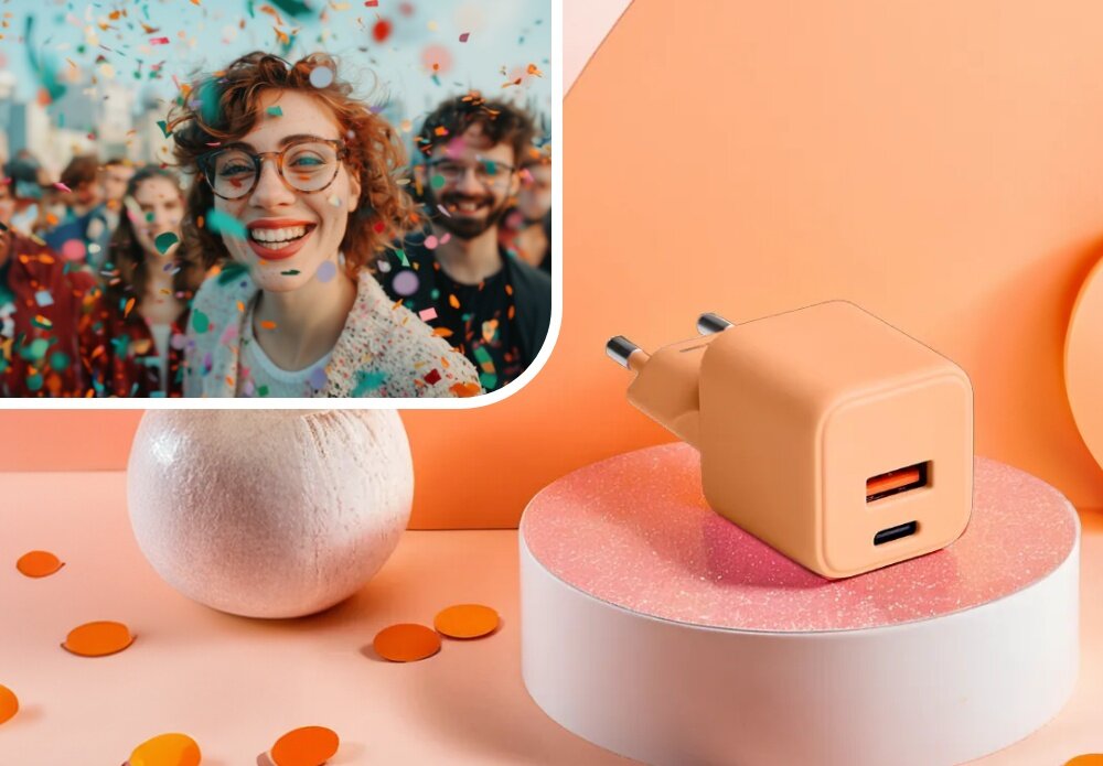 Ładowarka sieciowa COLORUM CLS30-AC-14 30W Peach Fuzz lifestyle wizualizacja kobieta w okularach impreza ładowarka na stopniu kolorowa energia Duet mody i technologii