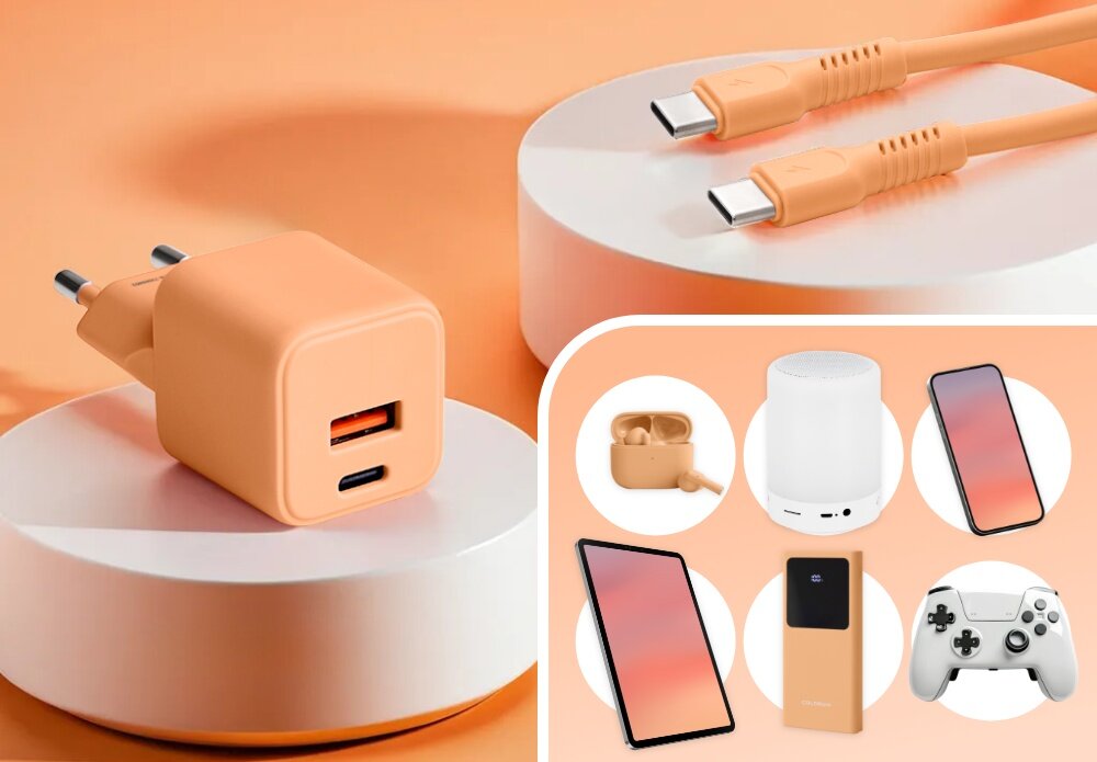 Ładowarka sieciowa COLORUM CLS30-AC-14 30W Peach Fuzz lifestyle urządzenia wybór pad konsola tablet lampka telefon wejście wizualizacja Dwa wejścia do ładowania Dwa porty – USB-A i USB-C