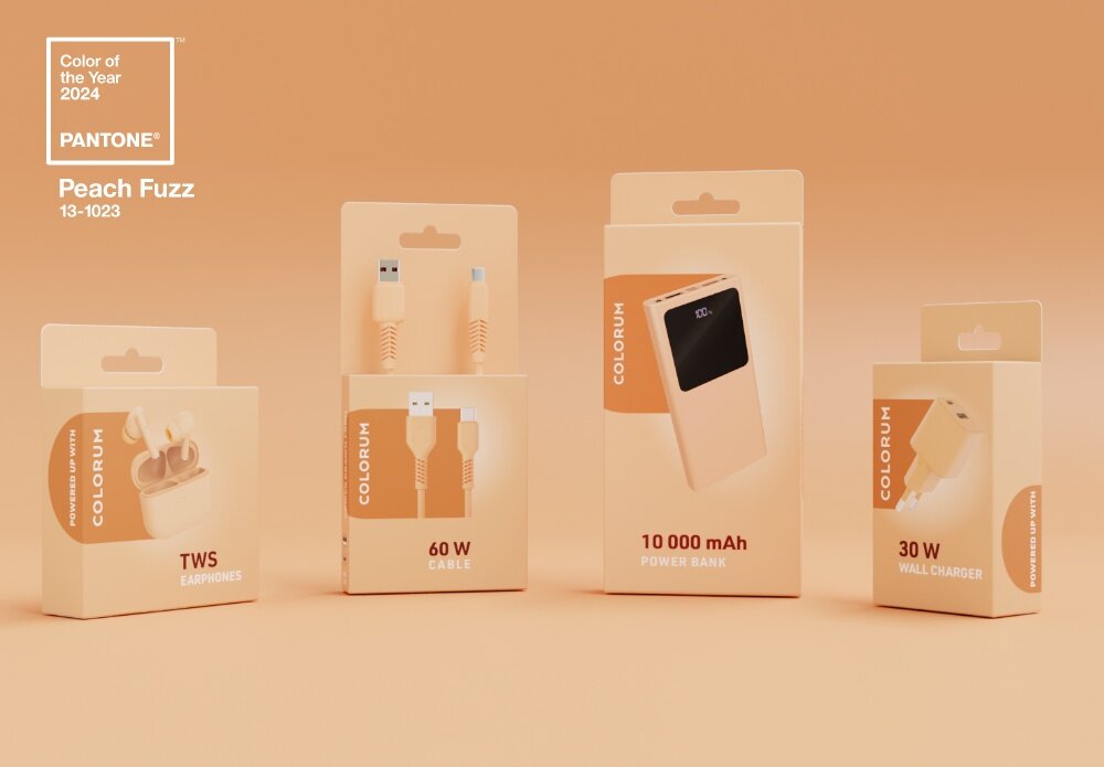 Ładowarka sieciowa COLORUM CLS30-AC-14 30W wiele urządzeń kolor Peach Fuzz seria opakowania Peach Fuzz lifestyle wizualizacja żywy kolor kreatywna ekspresja