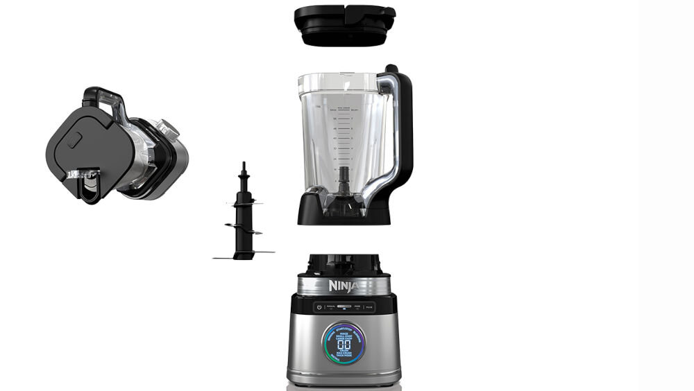Blender kielichowy NINJA Power Blender Pro TB201EU podstawa z silnikiem ostrza do całkowitego kruszenia i siekania dzbanek z pokrywą dokumentacja białe tło