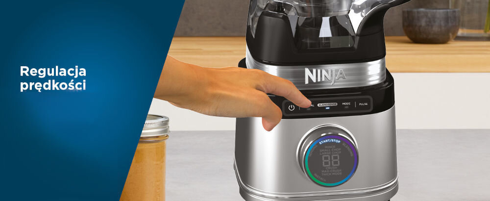 Blender kielichowy NINJA Power Blender Pro TB201EU blender szara podstawa przyciski wyświetlacz zielony napój wewnątrz bidonu 10 poziomów prędkości precyzyjne dostosowanie pracy urządzenia wybór odpowiedniej prędkości gładka jednolita konsystencja koktajlu grubo zmiksowana pasta różne ustawienia dopasowanie intensywności miksowania zadowalający efekt w każdej sytuacji