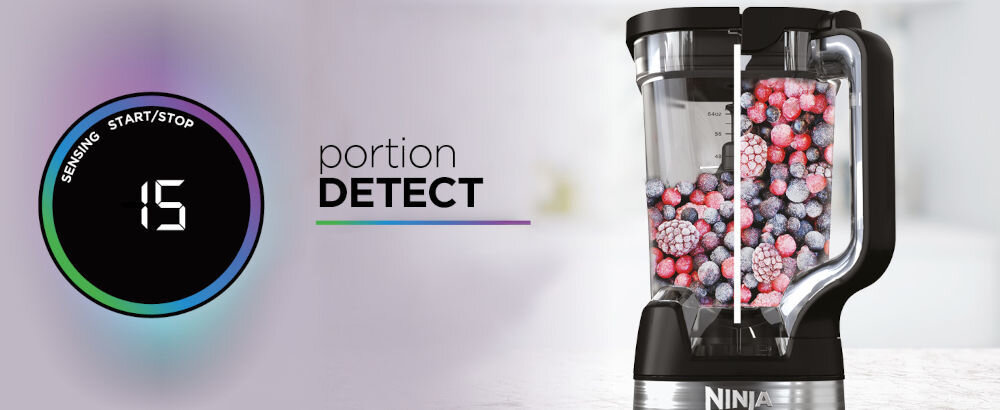 Blender kielichowy NINJA Power Blender Pro TB201EU blender kielich wewnątrz mrożone owoce jasne tło technologia Portion Detect automatyczne analizowanie wielkości porcji dostosowanie prędkości i mocy zoptymalizowany proces jedwabiście gładka konsystencja oszczędność czasu i wysiłku