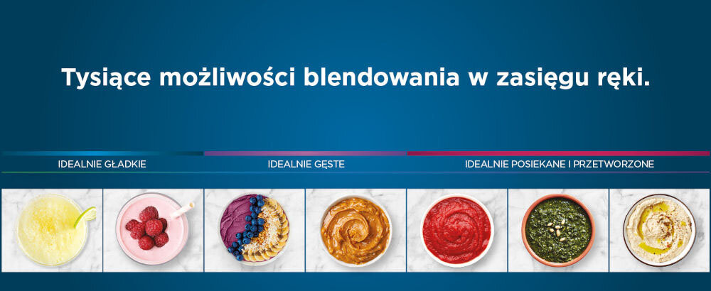 Blender kielichowy NINJA Power Blender Pro TB201EU niebieskie tło różne potrawy o różnych kolorach i gęstościach soki pesto smoothie sosy hummus pełna elastyczność użytkowania 6 automatycznych programów kruszenie lodu drobne siekanie manualne ustawienia prędkości obrotów ostrzy i czasu miksowania przygotowywanie posiłków i koktajli o różnej teksturze