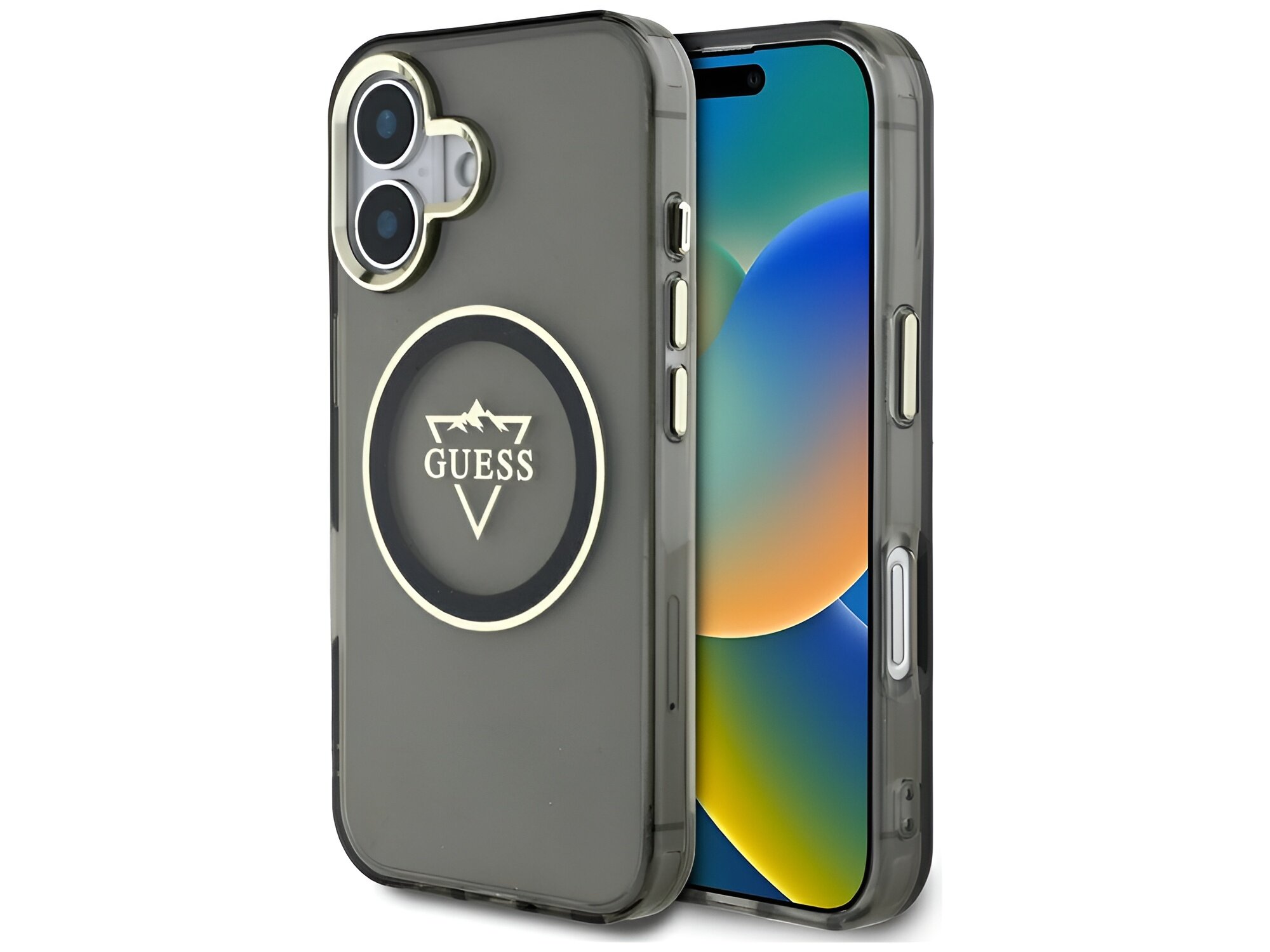 Etui Guess IML Metal Mountain Logo MagSafe pokrowiec przód i tył pokazany z obu stron pokrowiec etui case telefon smartfon