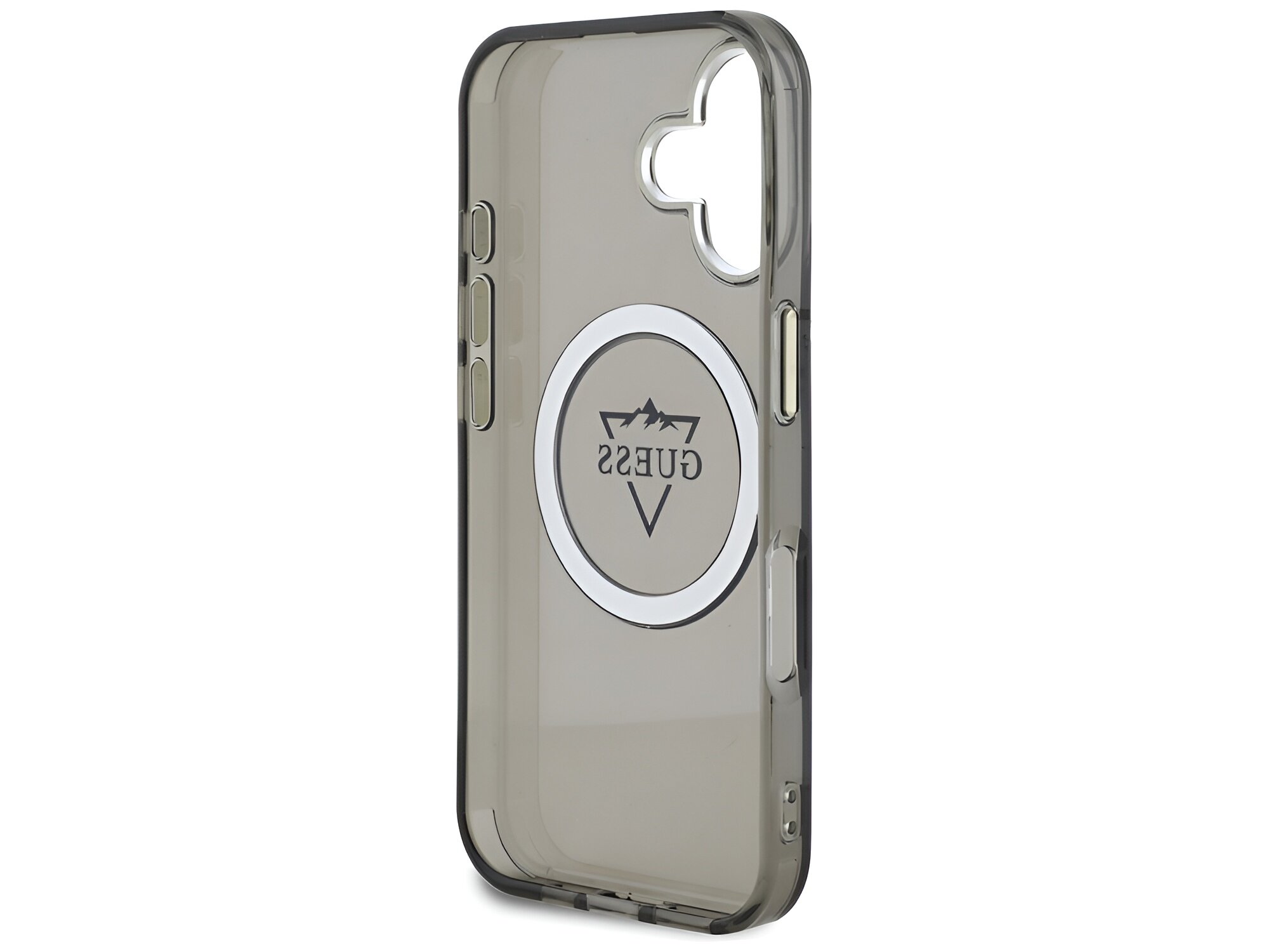 Etui Guess IML Metal Mountain Logo MagSafe Pokazany środek pokrowca kompatybilność szybkie stabilne dopasowane dostęp komfort