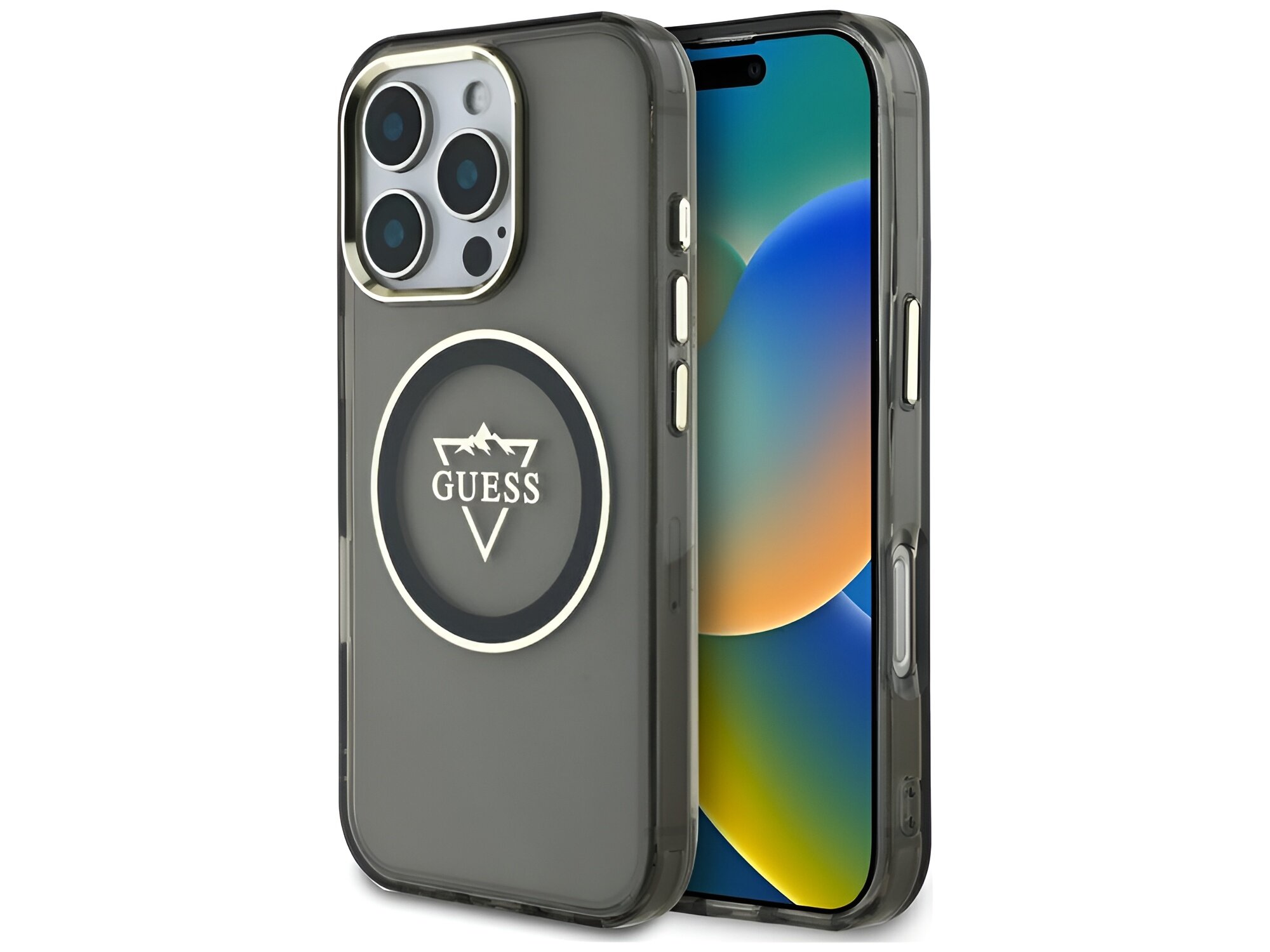 Etui Guess IML Metal Mountain Logo MagSafe pokrowiec przód i tył pokazany z obu stron pokrowiec etui case telefon smartfon