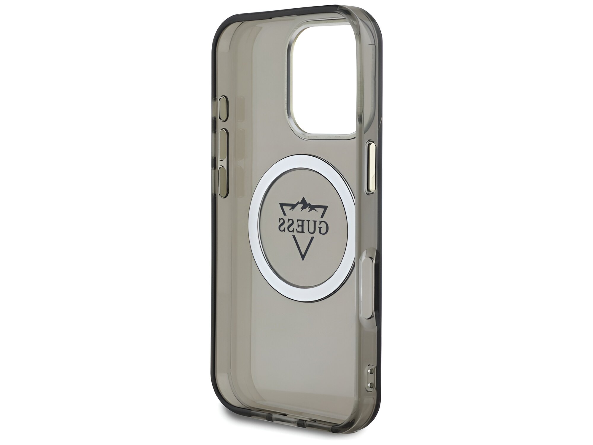 Etui Guess IML Metal Mountain Logo MagSafe Pokazany środek pokrowca kompatybilność szybkie stabilne dopasowane dostęp komfort