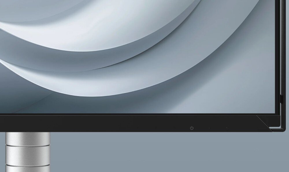 Monitor EIZO FlexScan FLT-BK Zbliżenie na dolną krawędź monitora. Widoczne przyciski dotykowe oraz część ramienia, na którym zamocowany jest ekran, waga, grubość