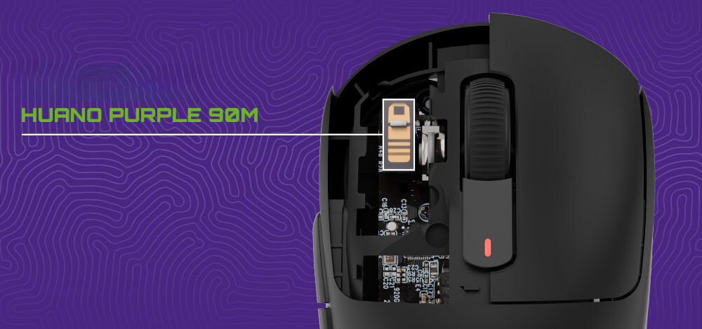 Mysz FURY Tanto T4 Wireless Czarny
trwałe przełączniki Huano Purple 90M, żywotność do 90 mln kliknięć, enkoder kółka TTC White, fioletowe tło, wnętrze myszy, przełącznik, napis HUANO PURPLE 90M