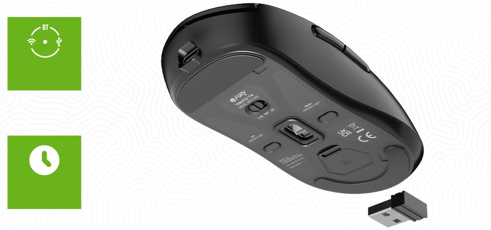 Mysz FURY Tanto T4 Wireless Czarny
trzy opcje łączności, bezprzewodowe połączenie 2,4 GHz, Bluetooth 5.0, przewodowe za pomocą dołączonego kabla USB-A / USB-C o długości ok. 1,8 m,
wbudowany akumulator 300 mAh, do 80 godzin pracy na jednym ładowaniu, mysz od spodu na białym tle, adapter 2,4 GHz USB-A