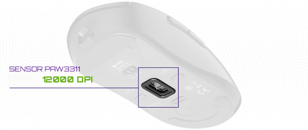 Mysz FURY Tanto T4 Wireless Granatowy
precyzja, która robi różnicę, Sensor PAW3311, regulacja DPI od 200 do 12000, możliwość zmiany DPI za pomocą dedykowanego przycisku,
mysz od dołu na białym tle, zaznaczony sensor, napis SENSOR PAW3311 12000 DPI