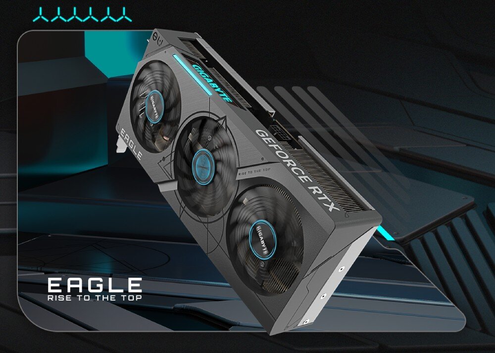 Komputer MAD DOG ENDORFY500AIR-A15DR32 Karta graficzna z trzema wentylatorami, podświetleniem i futurystycznym tłem, ukazująca chłodzenie i obudowę karty, karta graficzna, rdzenie CUDA, wydajność, wentylatory, tryb OC i cichy