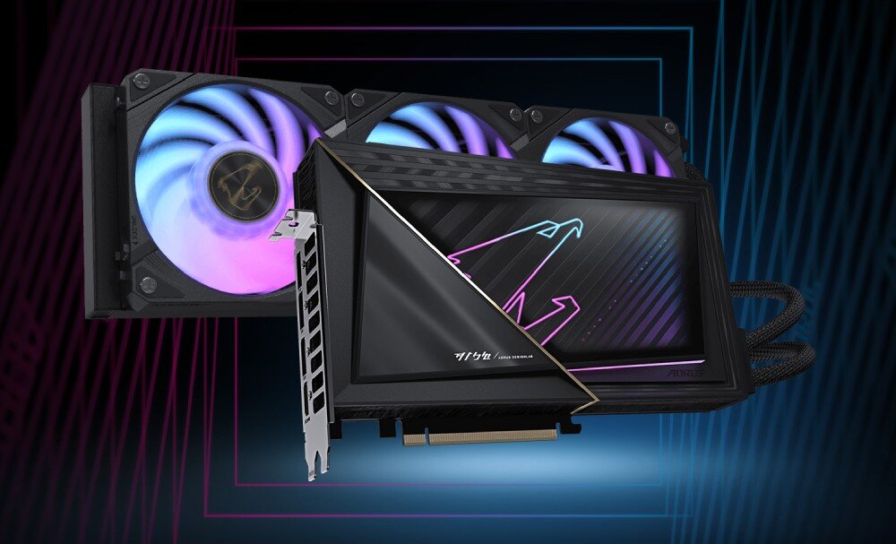 Karta graficzna GIGABYTE Aorus GeForce RTX 5090 Xtreme Waterforce 32GB Zbliżenie na kartę graficzną AORUS RTX z ekranem LCD i chłodzeniem wodnym, prezentowane na dynamicznym tle z neonowymi liniami